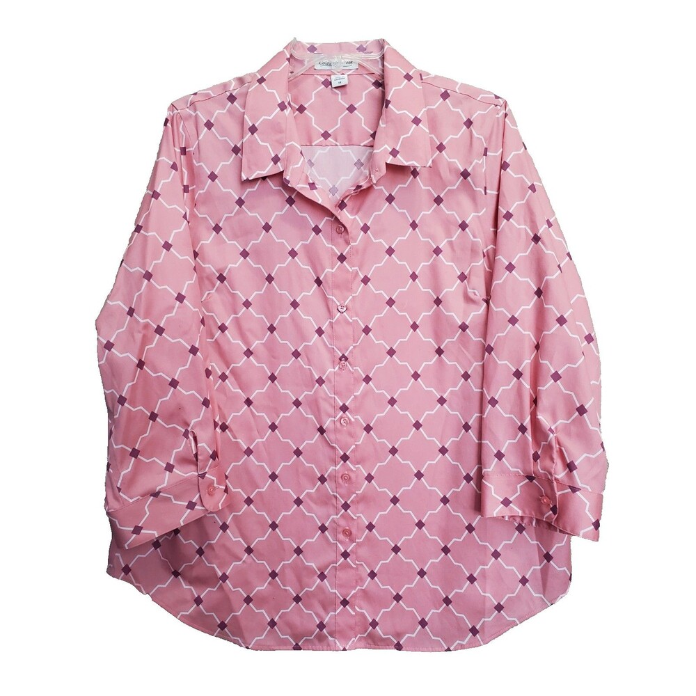 Coldwater Creek Pink Cotton Timeless Trellis No-Iron Button-Up Shirt Size 14
